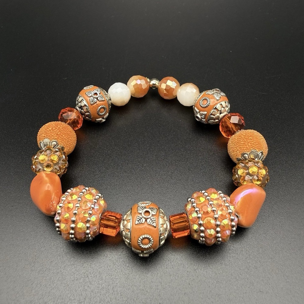 Vintage Orange Rhinestone Glass Beaded Stretch Bracelet Chunky Sparkle Statement